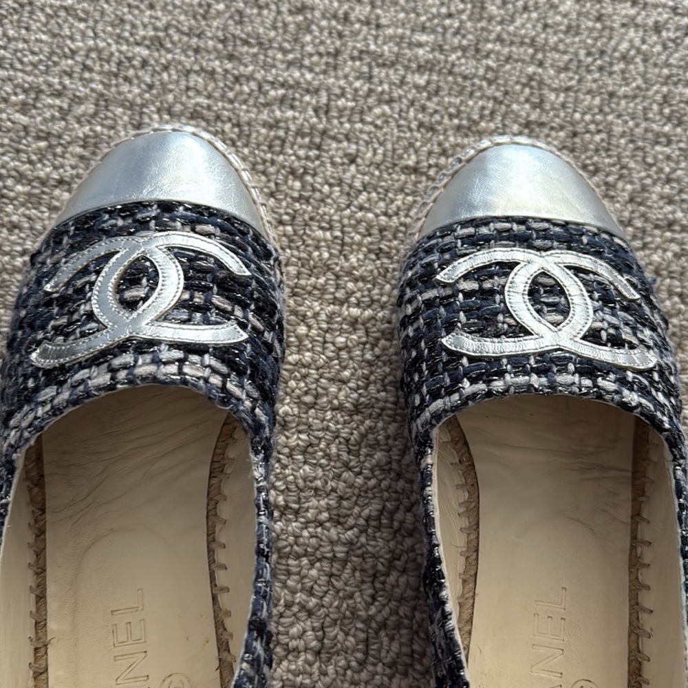 Chanel Espadrilles Tweed Blue Black Sliver Shoes 36 - Picture 7 of 12